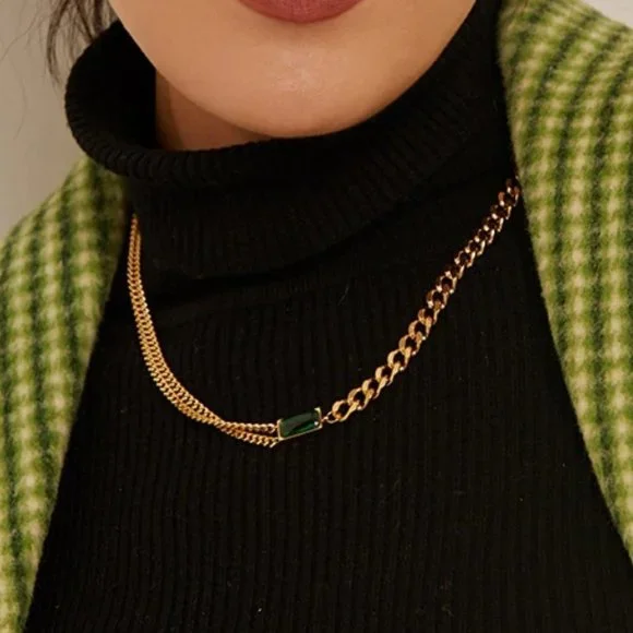 New 18K Gold Plated Link Chain Green Gemstone Necklace - Picture 3 of 5